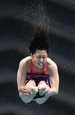 　水泳の世界選手権女子高飛び込み準決勝で演技する荒井祭里。来夏のパリ五輪代表に事実上決まった＝１８日、福岡県総合プール