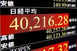 　一時、史上初めて４万円を超えた日経平均株価を示すモニター＝４日午前、東京・東新橋