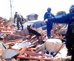 生存者の捜索をする森田さん（左）率いる救助犬チーム＝２０１１年３月１４日、宮城県亘理町（森田さん提供）