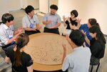 表情や身ぶり手ぶりでのコミュニケーションに挑戦する参加者ら＝１５日、鳥取市のとりぎん文化会館