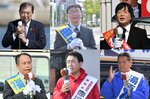 上段右から鳥取１区届け出順に、朝倉浩之氏、岡田正和氏、石破茂氏、下段右から鳥取２区届け出順に、湯原俊二氏、赤沢亮正氏、福住英行氏