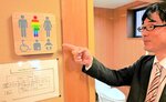 多目的トイレ前に表示された虹色のピクトグラム