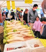 新鮮な大根などが並ぶ収穫祭の会場＝４日、新温泉町海上