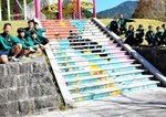 生徒たちが完成させた、まちの魅力が詰まった階段アート＝８日、若桜町若桜の中之島公園