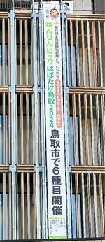 ねんりんピックをＰＲするため、壁面に掲出された懸垂幕＝２３日、鳥取市役所