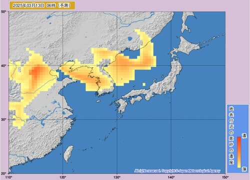 １３日午前６時の黄砂予測図（気象庁ホームページより）