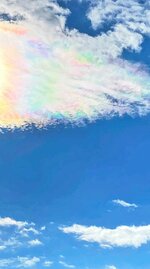 鳥取市街地に現れた「彩雲」。幸運を呼び込む瑞雲と呼ばれる＝１５日午前１１時半ごろ、足利裕人さんが鳥取市大杙で撮影