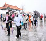 雪の中でスタートする参加者ら＝２日、湯梨浜町の中国庭園燕趙園