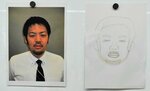 コンクールのお題となった被疑者役の人物の写真（左）と、記者の描いた似顔絵