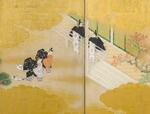 　京都御所で展示されるびょうぶ「源氏の画」の一部。光源氏と頭中将（左側の２人）が「青海波」を舞う「紅葉賀」の場面（宮内庁提供）