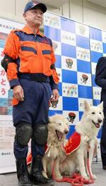 　災害救助犬の（右から）「さち」「ゆき」とハンドラーの佐々木光義さん＝１２日午後、岩手県庁