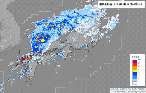 ２２日午前０時２０分現在の雨雲の動き（気象庁ホームページより）