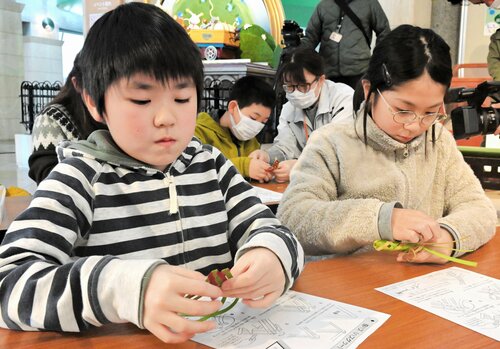 集中して紙ひもを編み込む子どもたち＝５日、鳥取市西町３丁目のわらべ館