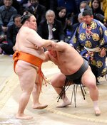 九州場所１４日目　伯桜鵬（右）は鳥取城北高の先輩に当たる水戸龍と対戦。寄り切りで破り９勝目を挙げる＝１１月、福岡国際センター