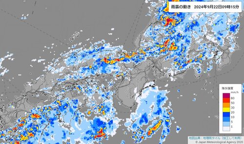 ２２日午前９時１５分現在の雨雲の動き（気象庁ホームページより）