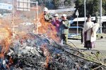 燃え上がる炎に願いを込める児童ら＝１４日、香美町村岡区村岡の黒野神社近くの田んぼ