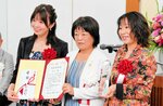 町民栄誉賞を受賞したペペのＭｅｇｕｍｉさん（右）とＭａｎａｍｉさん（左）＝２２日、琴浦町役場