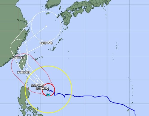 ２９日午後３時現在の台風２１号の進路予報図（気象庁ホームページより）