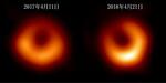 　２０１７年（左）と１８年の観測で得たブラックホールの画像。リングの明るい場所が変化している（ＥＨＴ　Ｃｏｌｌａｂｏｒａｔｉｏｎ提供）