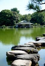 　清澄庭園の池「大泉水」越しに見える数寄屋造りの涼亭。手前の「磯渡り」は歩いて渡れる＝東京都江東区