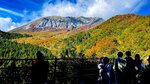 見頃を迎えた大山の紅葉にカメラを向ける行楽客＝３０日、鳥取県江府町大河原の鍵掛峠展望駐車場