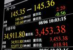　上げ幅が一時３４００円を超えた日経平均株価を示すモニター＝６日午前、東京・東新橋