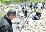 ヤマメ釣りを楽しむフェスタ参加者＝２６日、鳥取市国府町楠城の殿ダム親水広場