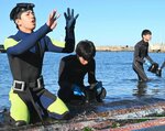 浅瀬に入って海中を観察し、ウニの数を報告する生徒ら＝２１日、鳥取市青谷町長和瀬の長和瀬漁港