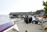 能登半島地震による津波の被害を受けた石川県能登町の白丸地区。政府は津波の浸水範囲が珠洲市、能登町、志賀町で計約１９０㌶に上ると明らかにした＝１５日午前