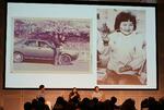 　個展初日に開かれた講演会でスクリーンに投影された塩田千春の幼少期の写真＝２０２４年９月、大阪市の大阪中之島美術館