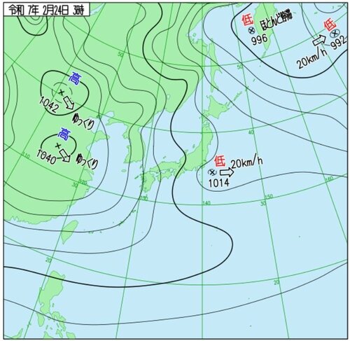 ２４日午前３時の天気図実況（気象庁ホームページより）