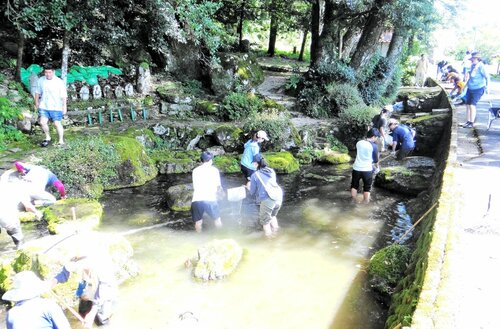 留学生らと池の清掃に取り組む住民たち