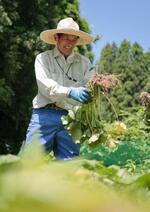 　収穫したばかりの“畑ワサビ”を手に笑顔を浮かべる氏家賢司さん＝２０２４年６月、宮城県加美町