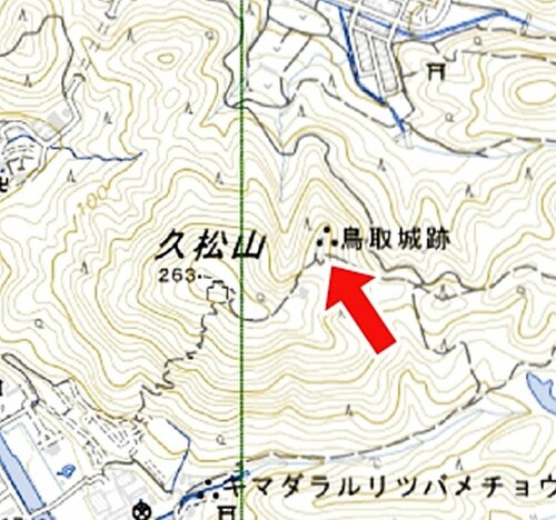 国土地理院の電子地図に表示されている鳥取城跡。三つ点は「史跡・名勝・天然記念物」の地図記号。実際は「十神砦」の位置に表示