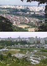 　１９９７年（上）と今年６月の仙台市「追廻地区」。緑化計画で住民らは立ち退きを求められ、跡地は公園になった（中嶋忠一氏撮影）