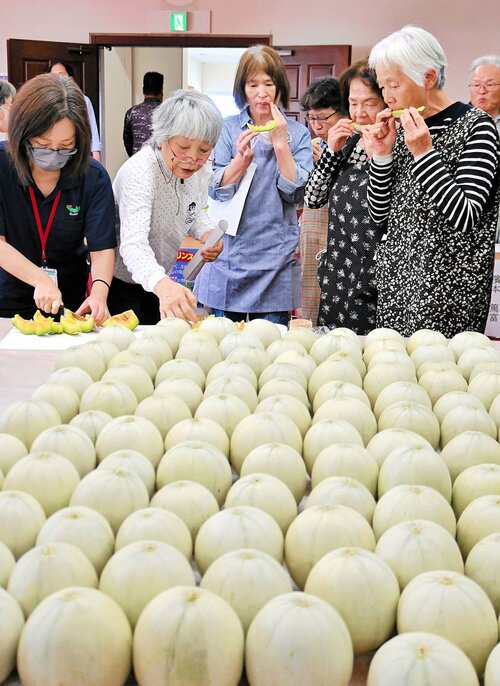爽やかな甘さが特徴のプリンスメロンを試食する関係者ら＝１６日、倉吉市越殿町のＪＡ鳥取中央本所