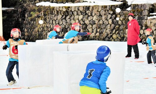 雪玉を投げ合う子どもたち＝２０１９年２月２日、若桜町若桜のふれあい広場