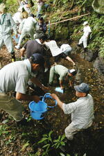 降雨を願って「お茶の水の井戸」の水をくみ出す住民ら＝２００５年６月22日、湯梨浜町羽衣石