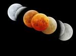 　２０２２年１１月、山口県美祢市で見られた皆既月食。午後６時２９分から９時２９分に撮影した７枚を右から並べると、丸い地球の影が浮かび上がった（赤道儀使用）