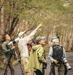 　志賀高原の森の中で鳥を追う米国のバーダーたち＝２０２４年５月、長野県山ノ内町（撮影・井田徹治）