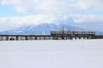 　岩木山を背景に走る弘南鉄道の列車＝１月２７日、青森県平川市