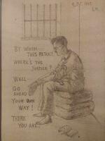 　真武七郎さんが巣鴨プリズンに収監中に描いたスケッチ。英語で「正義はどこに？」と書き込みがある＝遺族提供