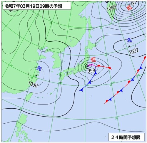 １９日午前９時の予想天気図（気象庁ホームページより）