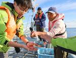 　海遊館とオンラインで中継し、収集した深海生物について説明する漁師の松尾拓哉さん（右）＝２３日午後、高知県室戸市沿岸