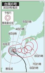 　台風６号の５日先予想進路（３日２１時現在）