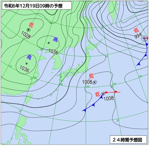 １２月１９日午前９時の予想天気図（気象庁ホームページより）