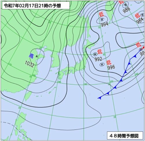 17日午後９時の予想天気図（気象庁ホームページより）