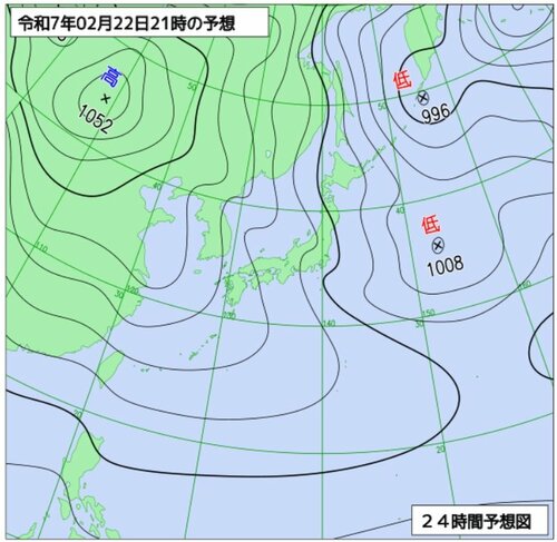 ２３日午後９時の予想天気図（気象庁ホームページより）