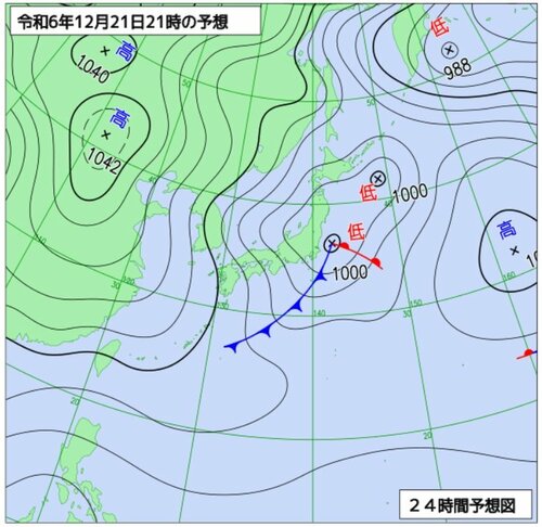 ２２日午後９時の予想天気図（気象庁ホームページより）