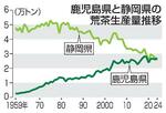 　鹿児島県と静岡県の荒茶生産量推移